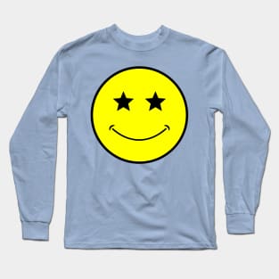 neon bright yellow classic star eyes Smiley Face Black Outline Long Sleeve T-Shirt